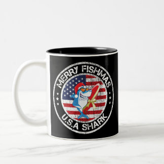 Caneca De Café Em Dois Tons Feliz Fishmas USA Flag Excelente White Shark