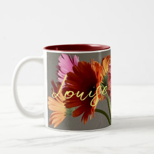 Caneca De Café Em Dois Tons Feliz Gerbera Colorida Flor +Nome Personalizado