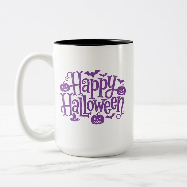 Caneca De Café Em Dois Tons Feliz Halloween elegante roxo branco  (Esquerda)