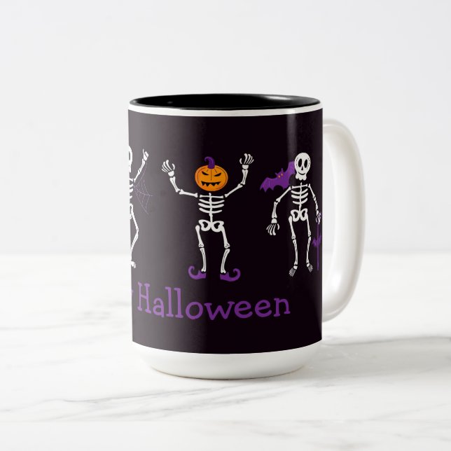 Caneca De Café Em Dois Tons Feliz Halloween - Skeletons Bonitos - Café Mu (Frente Esquerda)