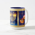 Caneca De Café Em Dois Tons Feliz Hanukkah, Feriado Judeu, Bonito<br><div class="desc">Feliz Hanukkah Belo Design de Café de Férias Judaicas. Antecedentes judaicos de Feriado Hanukkah com símbolos tradicionais de Chanukah - sonhos de madeira (rodando), rosquinhas, menorah, velas, estrela de David e papel de parede luminoso brilhante, padrão decorativo para Casa, Cozinha e Jantar, Drinkware, Mugs & Cups. Decoração do Festival Chanucá....</div>