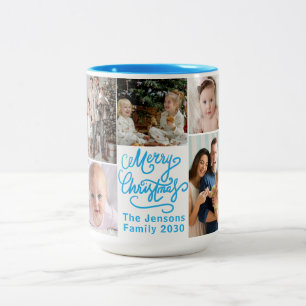 Caneca De Café Em Dois Tons Feliz Natal Azul Cinco Fotos de família Fofas 