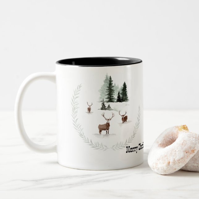 Caneca De Café Em Dois Tons Feliz Natal Do Canadá Deer Na Floresta (Com Donut)