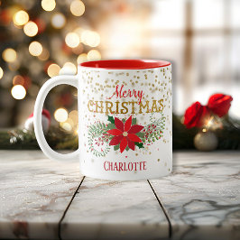 Caneca De Café Em Dois Tons Feliz Natal Dourado Poinsettia