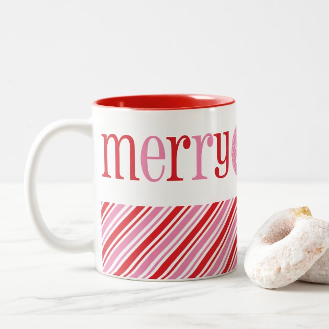 Caneca De Café Em Dois Tons FELIZ NATAL e cor-de-rosa vermelho-moderno e bonit (Com Donut)