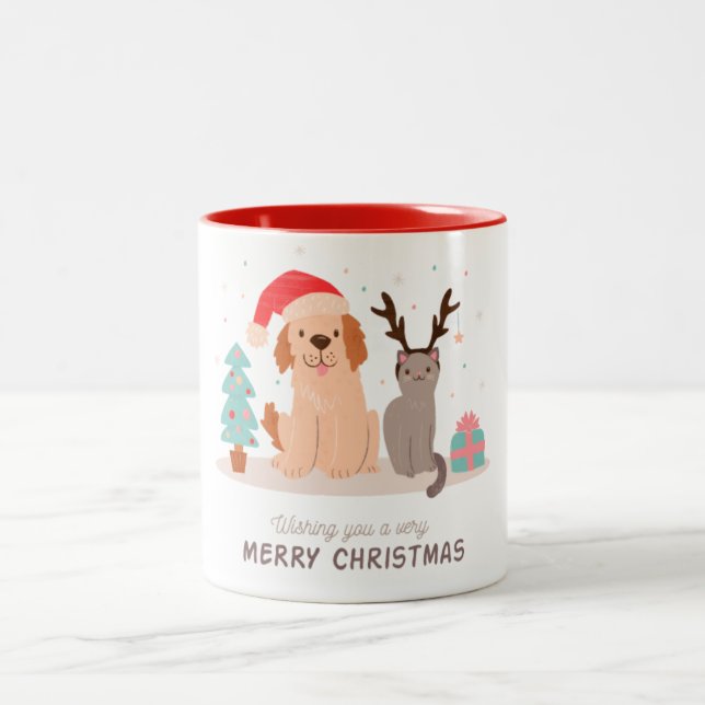Caneca De Café Em Dois Tons Feliz Natal Gato e Cachorro Impressão (Centro)