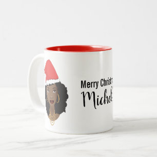 Caneca De Café Em Dois Tons Feliz Natal! Mulher Negra, Red Santa Hat, Nome
