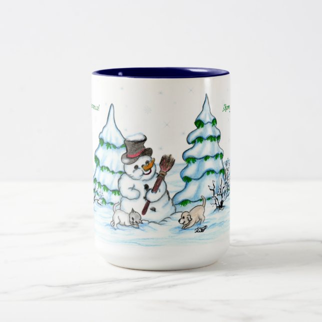 Caneca De Café Em Dois Tons Feliz Natal! Neve com Cat e Puppy (Centro)