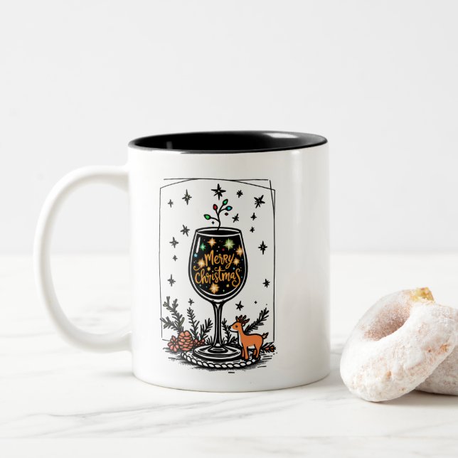 Caneca De Café Em Dois Tons Feliz Natal num Vidro de Vinho (Com Donut)