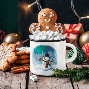 Caneca De Café Em Dois Tons Feliz Natal Snowman e Birds Café da Cena de Inver
