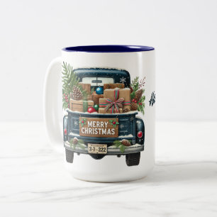 Caneca De Café Em Dois Tons Feliz Natal Vintage Blue Truck