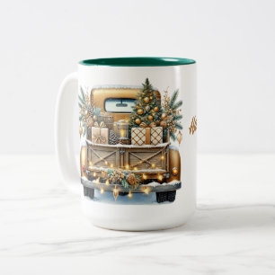 Caneca De Café Em Dois Tons Feliz Natal Vintage Caminhão Dourado