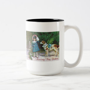 Caneca De Café Em Dois Tons Feliz Natal Vintage com Menina Setadora de Inglês