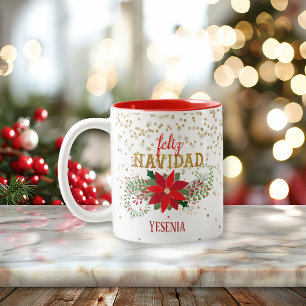 Caneca De Café Em Dois Tons Feliz Navidad Dourada de Poinsettia