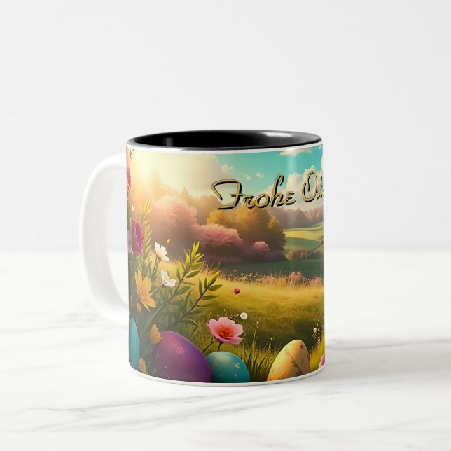 Caneca De Café Em Dois Tons Feliz Páscoa em uma paisagem de primavera (Frente Esquerda)