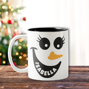 Caneca De Café Em Dois Tons Feliz Snowman Face Personalizado Nome Dom Feriado