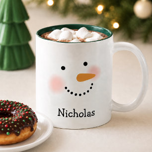 Caneca De Café Em Dois Tons Feliz Snowman Face Personalizado Nome Feriado
