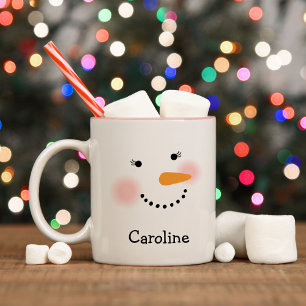 Caneca De Café Em Dois Tons Feliz Snowman Face Personalizado Nome Feriado