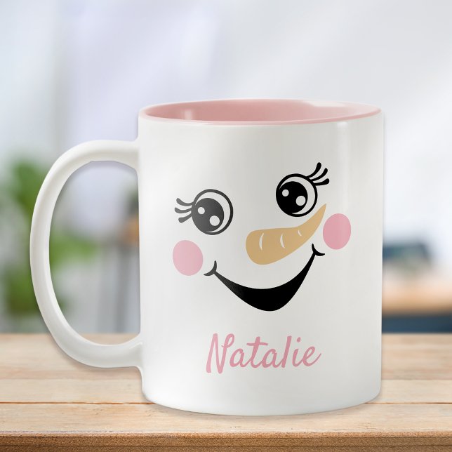 Caneca De Café Em Dois Tons Feliz Snowman Face Personalizado Nome Feriado (Criador carregado)