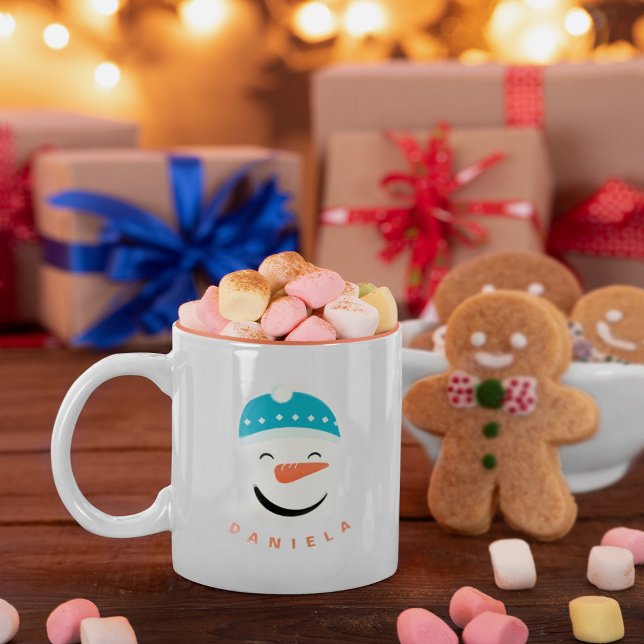 Caneca De Café Em Dois Tons Feliz Snowman Face Texto Personalizado (Criador carregado)
