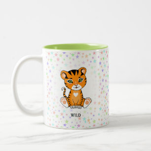 Caneca De Café Em Dois Tons Feliz Tigre Selvagem e Estrelas Multicoloridas