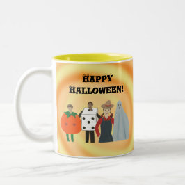 Caneca De Café Em Dois Tons Felizes Crianças de Halloween em Figurinos, caneca