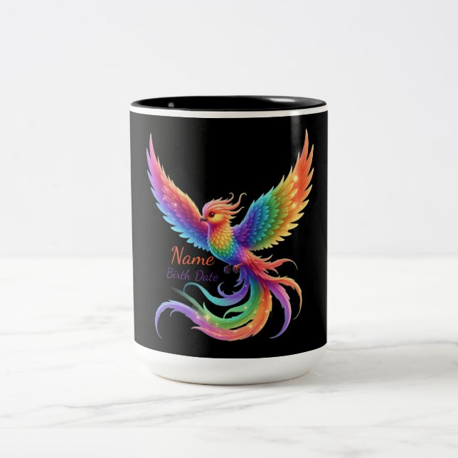 Caneca De Café Em Dois Tons Fenix Arco-íris Personalizada Nome Data de Nascime (Centro)