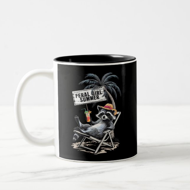 Caneca De Café Em Dois Tons Feral Girl Summer Beach Funny Raccoon (Esquerda)