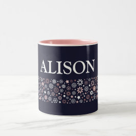 Caneca De Café Em Dois Tons Feriados de inverno rosa dourado floco de neve nom