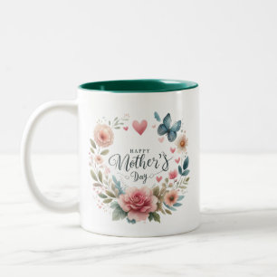 Caneca De Café Em Dois Tons Ferida Floral Com Borboleta Feliz Dia de as mães