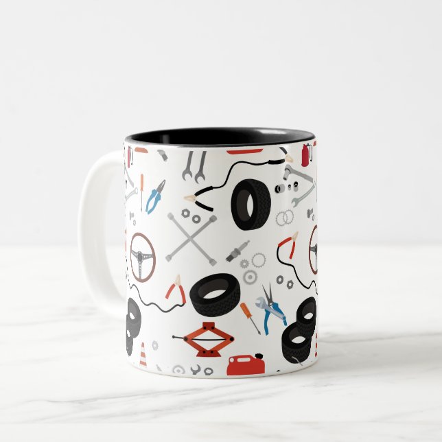 Caneca De Café Em Dois Tons Ferramentas Automotivas Mecânicas De Automóveis (Frente Esquerda)