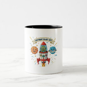 Caneca De Café Em Dois Tons Festa de Aniversário no Ar! Alien Fofo em Nave Esp