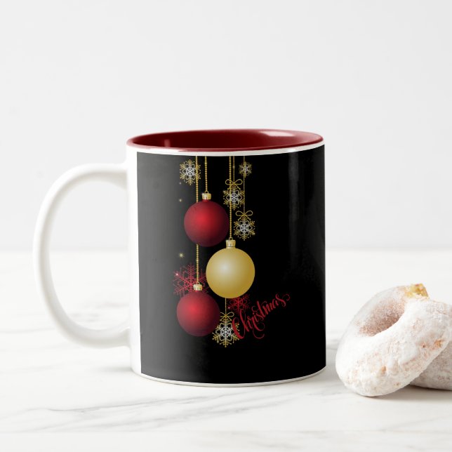 Caneca De Café Em Dois Tons Festa de Natal Preta, Dourada e Vermelha (Com Donut)