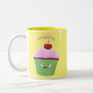 Caneca De Café Em Dois Tons Figura de desenho animado de cupcake feliz