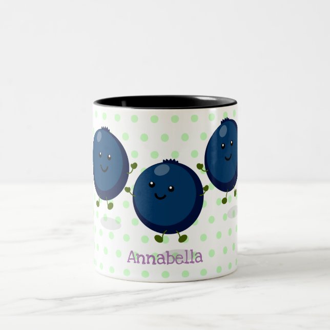 Caneca De Café Em Dois Tons Figura de desenho animado roxo de mirtilos felizes (Centro)