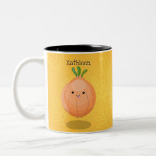 Caneca De Café Em Dois Tons Figura de desenho animado verde de cebola castanho