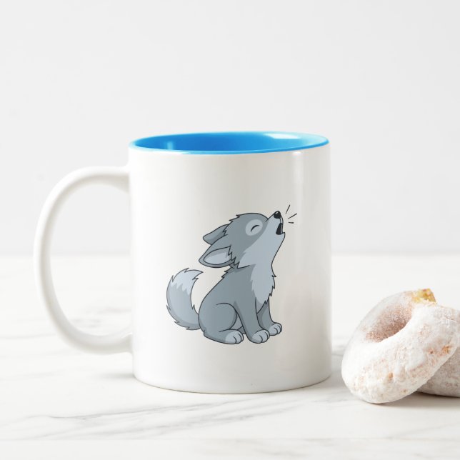 Caneca De Café Em Dois Tons Filhote de lobo uivando fofo (Com Donut)