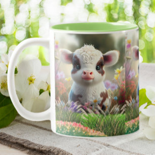 Caneca De Café Em Dois Tons Filhote de vaca giro, sentado na Fazenda do Jardim