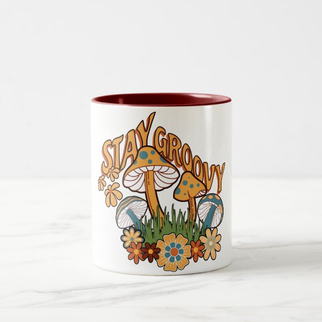 Caneca De Café Em Dois Tons Fique Groovy Cogumelo Retro (Centro)