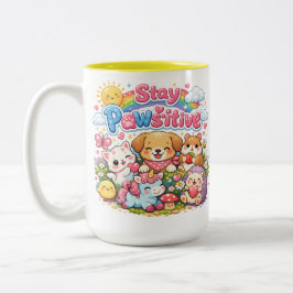 Caneca De Café Em Dois Tons Fique Positivo Animais Fofos Kawaii Arco-íris