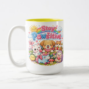 Caneca De Café Em Dois Tons Fique Positivo Animais Fofos Kawaii Arco-íris