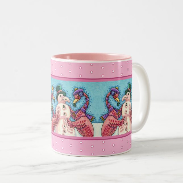 CANECA DE CAFÉ EM DOIS TONS FLAMENGOS ROSAS FAZEM BONECOS DE NEVE, PÁSSAROS DE (Frente Esquerda)