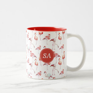 Caneca De Café Em Dois Tons Flamingo Rosa Tropical Monogramado Aquarela