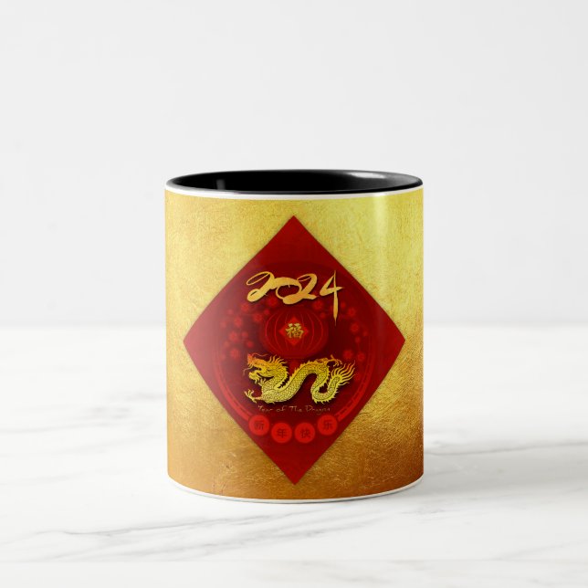 Caneca De Café Em Dois Tons Flautista chinês Dragão Dragão Ano Saudação 2TM (Centro)