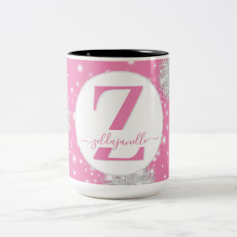 Caneca De Café Em Dois Tons Flocos de neve de inverno Monograma e nome cor-de-