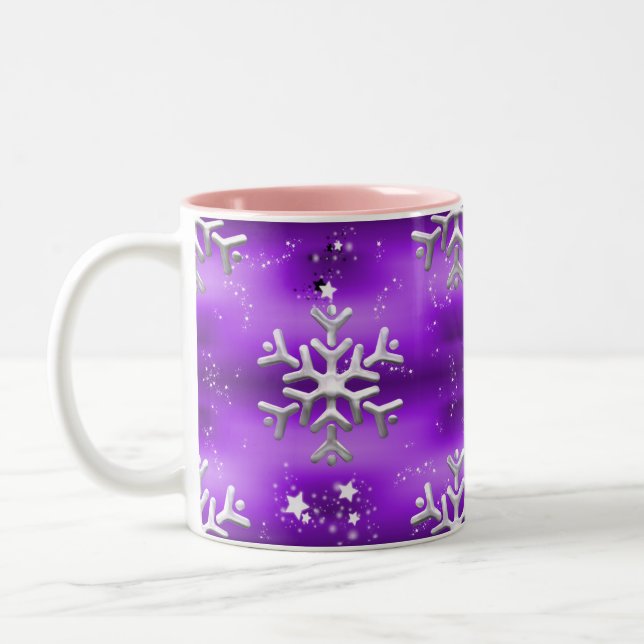 Caneca De Café Em Dois Tons Flocos de neve prateada no Natal roxo (Esquerda)