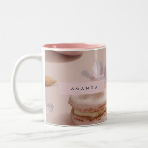 Caneca De Café Em Dois Tons Flor de Amêndoa de Macaron de Pastel Cuja Folha fo