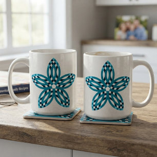 Caneca De Café Em Dois Tons Flor de Estrela Geométrica Azul Teal Moderna Perso