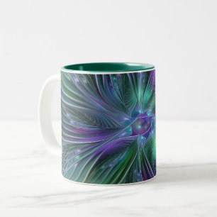 Caneca De Café Em Dois Tons Flor de Fractal de Arte Abstrato Moderno Roxo Verd