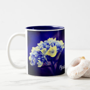 Caneca De Café Em Dois Tons Flor de Hydrangea Azul Vivido Personalizado
